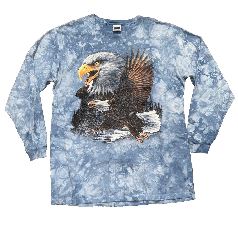 Perrin Bald Eagle Tie Dye Long Sleeve T Shirt SIze Large Blue White Vintage
